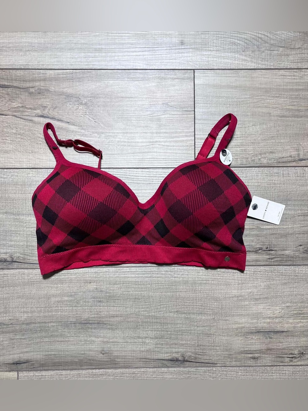 Lucky Brand Womens Buffalo Plaid Wirefree Pullover Bralette Size 2X Red Black